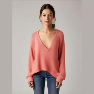 FREE PEOPLE Small Pink Rose ‘West Coast’ Oversized Asymmetrical V-Neck Sweater